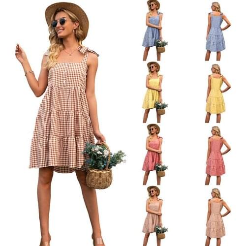 Slash Neck Sleeveless Casual Summer Dress Sexy Spaghetti Strap A-Line Women Dress Fashion Plaid Plus Size Office Ladies Vestidos