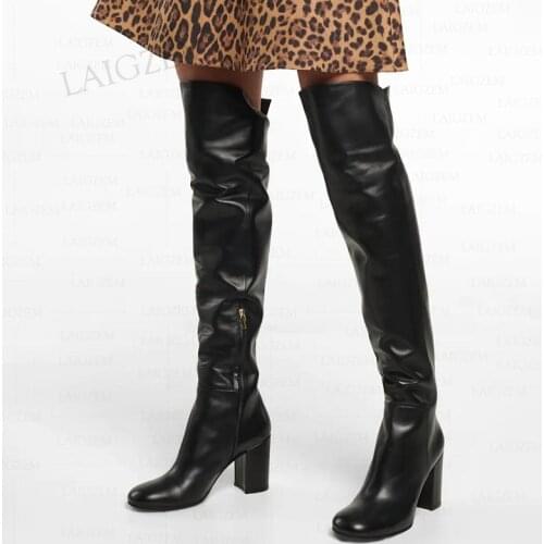 LAIGZEM Women Over Knee High Boots Side Zip Mid Block Thick Heels Boots Faux Leather Beige Black Shoes Zapatos Big Size 33 43 46