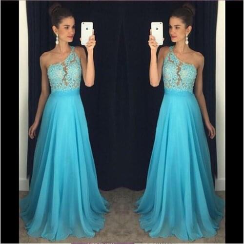 Blue Lace Prom Dresses Long 2019 Cheap one Shoulder College Graduation Dress Formal Party Evening Gowns Vestido de Formatura