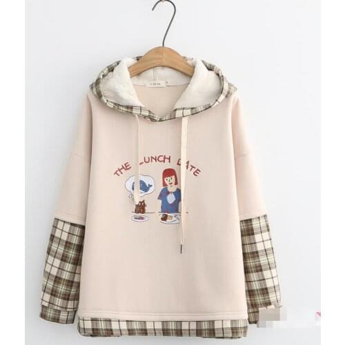 Mori Girl Women Sweatshirt Fleece 2021 Winter New Hooded Thick Loose Pullovers Patchwork Vintage Casual Tops Female