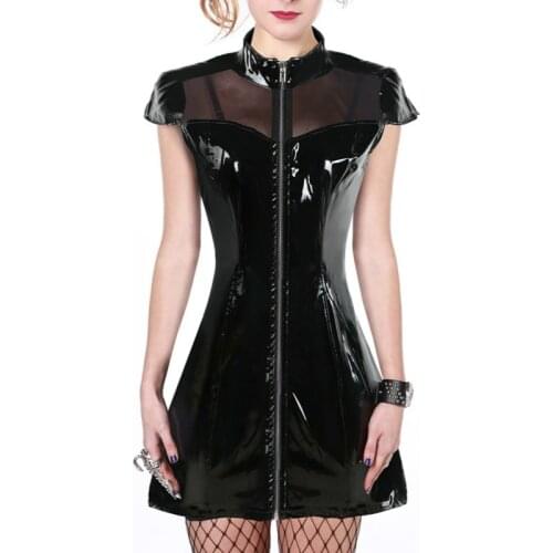 Wetlook Vinyl PVC Mini Sexy Dress Clubwear Mesh patchwork Leather Dress For Womens Night club vestido de festa