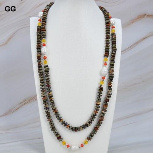 GuaiGuai Jewelry 53" Cultured White Pearl Multi Color Red Creek Jasper Long Necklace