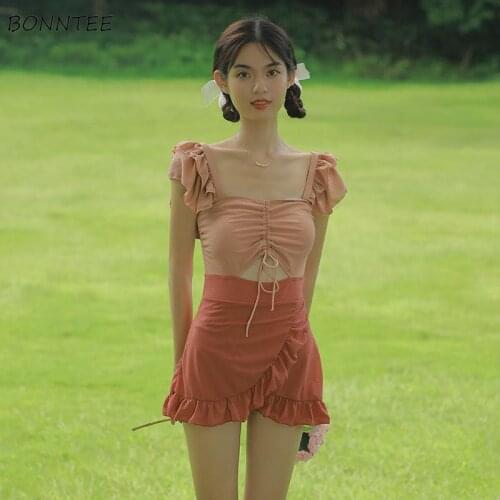 Women Cover-up Patchwork Hollow Out Pleated Ruffles Sweet Girls Sexy Preppy Style Summer Swimwear Korean Style Soft Beach Lady