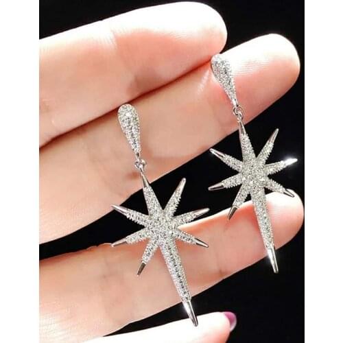 Ladies 925 Sterling Silver Cross Star Dangle Earrings Temperament Elegant Zircon Long Drops Earrrings for Women Wedding Party