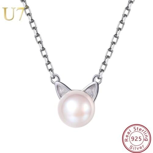 U7 925 Sterling Silver Freshwater Pearl Cute Cat/Kitten Pendant&Chain 2018 Mothers Day Women Gift Animals Jewelry Necklace SC35