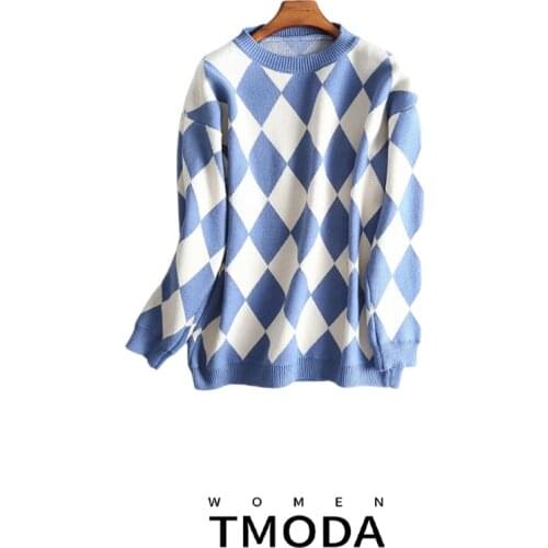 TMODA 2021 Za Winter Ladies Loose College Wind Rhombic Long-sleeved Sweater Womens Fashion Wild Students Autumn Thick Sweater