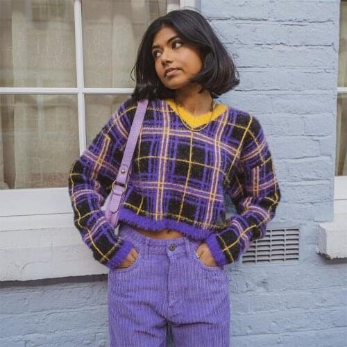 Purple Yellow Plaid Chic V-neck Cropped Woman Sweaters Long Sleeve Winter Tops New Preppy Style Girls Streetwear Casual Brand