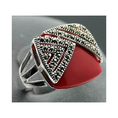 14*15mm Square Red Coral Marcasite 925 Sterling Silver Ring Size 7/8/9/10
