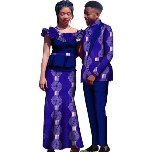 African Clothes for Couple Bazin Riche Ankara Fashion Dashiki Dress and Mens Suit KG967