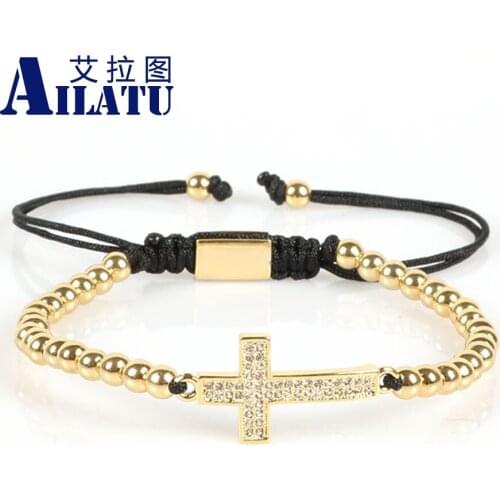 Ailatu New Arrival Micro Pave Cz Cross Charm Macrame Braiding Bracelet Jewelry with 4mm Copper Beads