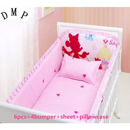 Promotion! 6PCS Cartoon Crib Cot Bedding Set 100% Cotton Baby Bumper Baby Bedding Set ,include(bumper+sheet+pillow cover)
