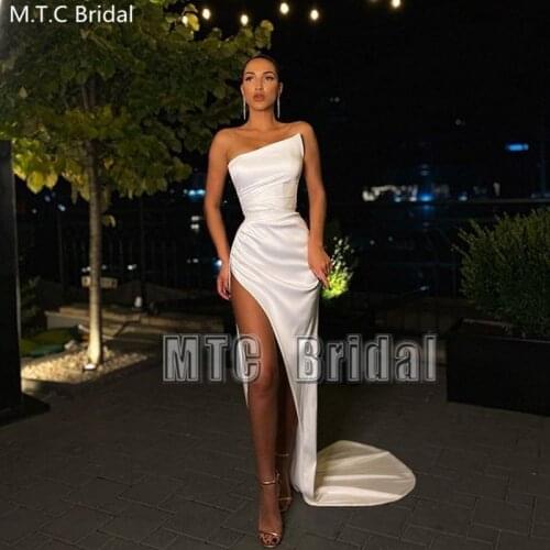 White Prom Dresses Long Straight High Slit Satin Wedding Party Gown Plus Size Strapless Sexy Formal Occasion Women Dress Cheap