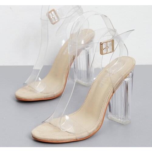 Summer Women Ankle Strap Sandals Transparent PU Buckle Strap Square heel 11.5CM High Heels Sandals Women Shoes Sexy Pumps