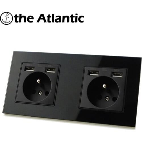 Dual FR Socket 16A USB Charging Port 2 Gang Socket Wall Electrical Outlet Black Glass 172mm*86mm Belgium Poland Slovakia