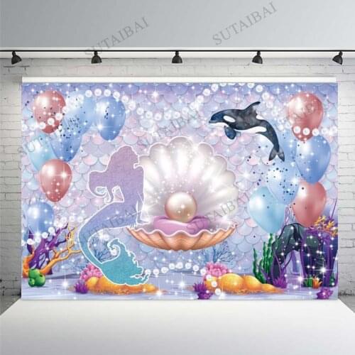 Mermaid Backdrop for Photography Shiny Fish Scale Star Diamond Pearl Balloons Baby Birthday Party Poster Photographic Background