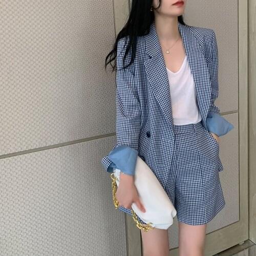 Spring Autumn Womens Blue Plaid High-quality Irregular Design Sense Thin Suit Jacket Fashion Shorts Two Pieces Sets