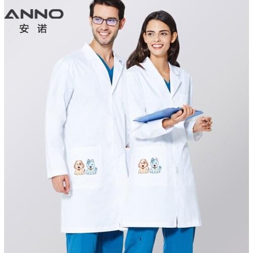 ANNO Long Sleeve Lab Uniforms Print Cartoon Cat Dog Work Out Wear Pharmacy White Pet Hospital Coat Chemistry Doctor Gown