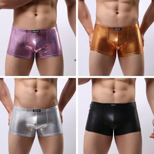 Mens Faux Leather PU Metallic Shiny Underwear Boxer Briefs Shorts Trunks Sexy