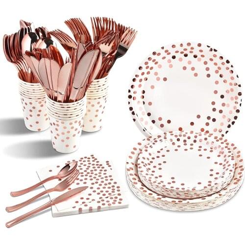 Rose Gold Party Supplies Disposable Dinnerware Sets White Plates Tableware for Graduation Birthday Wedding Bridal Christmas