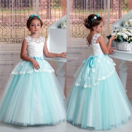 Sky blue applique sleeveless Flower Girl Dress Birthday Party Girl Gown Holiday Fashion Princess Communion Dresses
