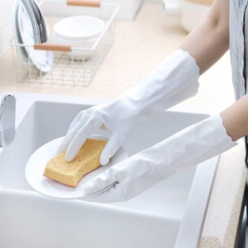 Durable Water-proof PVC Elastic Cleaning Gloves Clothes Dishes Washing Long Sleeve Velvet Warm Gloves Household Kitchen Tools