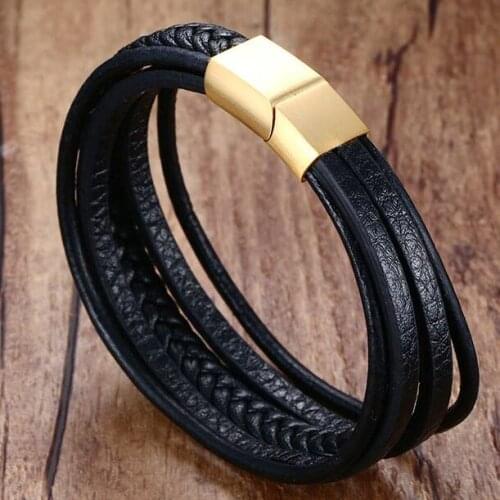 Real Bestxy custom logo Women Bracelet Charm Black Braided Leather Multi Layers Magnetic Clasp Wristband