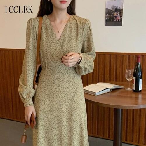 New V-Neck Floral Chiffon Dress Suitable For Office Ladies' Dresses 2021 Spring Autumn One-Piece Long Sleeve Vestido De Mulher
