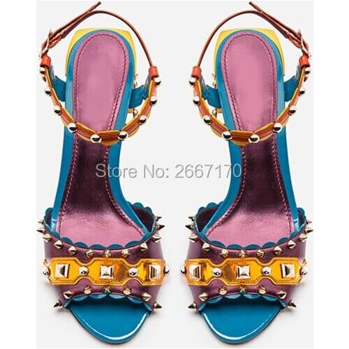 Shooegle Brand Luxury Designer Women Party Shoes Buckle Strap Colorful Rivets Rhinestone High Heels Chunky Heel Studded Sandals