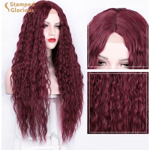 Lativ Synthetic Long Kinky Curly Wig Wine Red Wig for Women Middle Part Black/Brown/Mixed Color Hair Heat Resistant