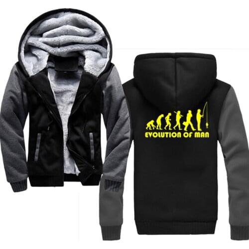 The evolution of man Fisherman Fishing Hoodies Sweatshirts Men Winter Thick Fleece Mens Jackets Casual Zipper Hoody Adult Coats