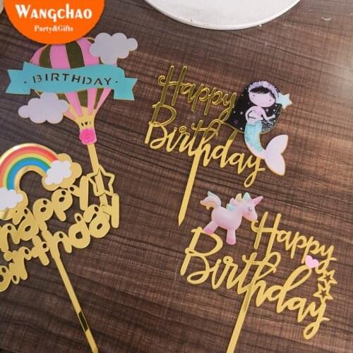 Happy Birthday Cake Topper Baking Rainbow Cartoon Cake Decoration Acrylic Rainbow Hot Air Balloon Birthday Party Supplies