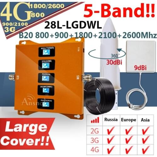 New!!Five-Band CellPhone Cellular Booster B20 800/900/1800/2100/2600Mhz 4G Cellular Amplifier GSM Repeater 2G3G4G Signal Booster