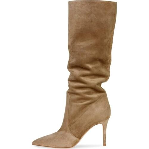 Suede Knee High Boots Slouch Slip On Shoes Winter Slouchy Long Boots Woman High Heel Latest Camel Ladies Tall Boot Stiletto Heel