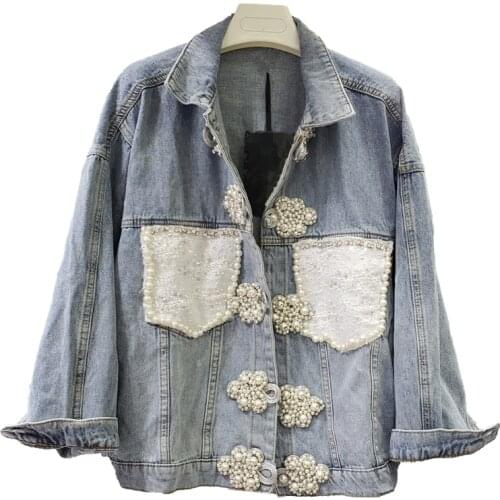 Fashion Beading Diamonds Button Denim Jacket Coat Women Pocket Splicing Outerwear Autumn Korean Loose Short Jeans Jacket Female