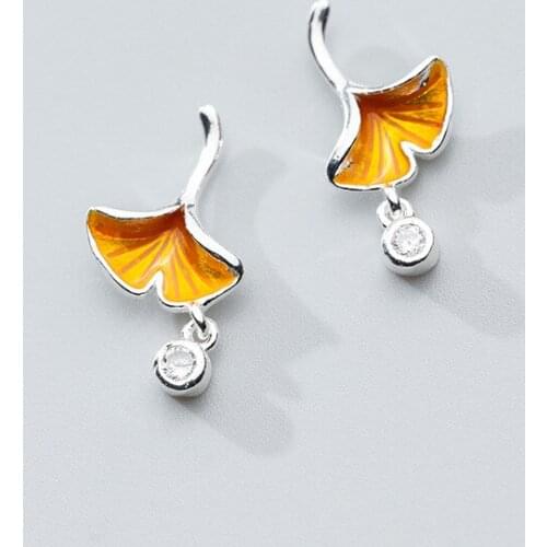 MloveAcc Elegant 925 Sterling Silver Ginkgo Biloba Leaf Stud Earrings with CZ Fashion Women Party Ear Jewelry