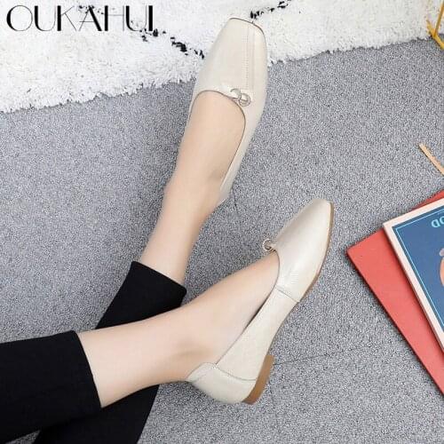 OUKAHUI 2019 Spring Autumn Genuine Cow Leather Square Toe Flat Shoes Woman For Lady Rhinestone Soft Elegant Female Flats Slip-on