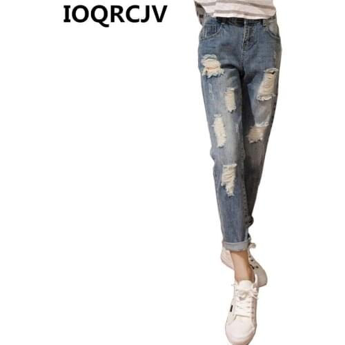 2019 Autumn Jeans for Women Vintage Ladies High Waisted Holes Jeans Casual Harem Pants Trousers Denim Pants Boyfriend Jeans R446