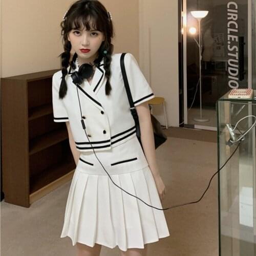 Preppy Style 2021 Summer Women Fashion Short Blazer+Pleasted Skirt 2 Piece Set Casual Girls Stylish Chic Cosplay Dress Suit