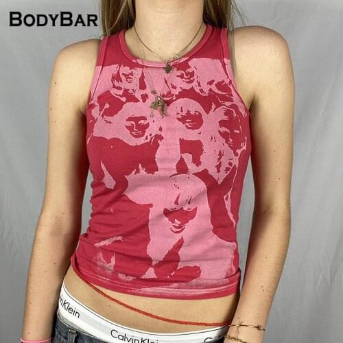 High Street Printed Vest Sexy Round Neck Ladies Ink Head Portrait Streetwear Sleeveless Cropped Ladies Top Slim Summer Tanks Top
