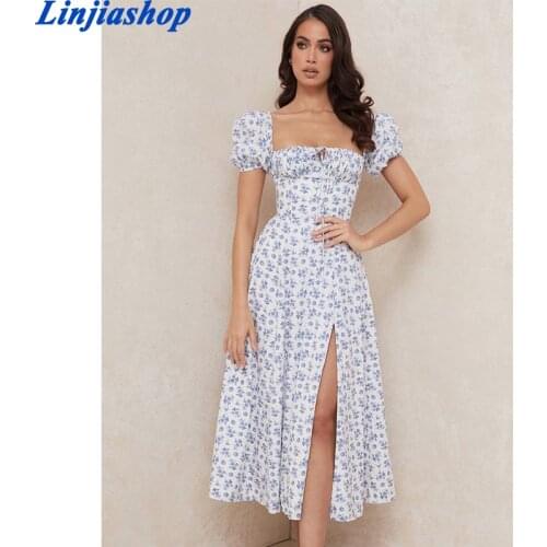 Spring summer women midi dress cotton casual chic floral print short sleeve holiday dresses female vestidos