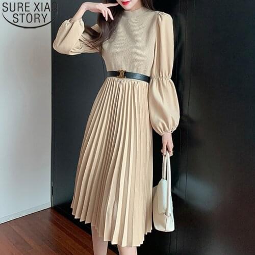 French Chic Long Sleeve Pleated Dress Knitted Splicing High Waist Dresses for Women Office Lady Apricot Vestidos Feminino 12444