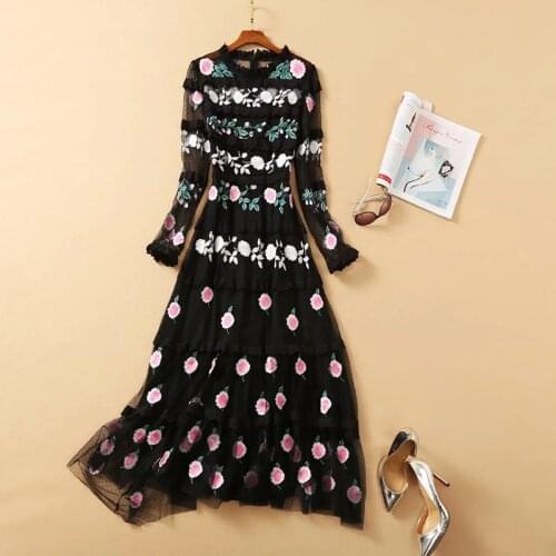 2021 Long Dress Mesh Spring Summer Dress Long Sleeve Empire Crew Neck Flora Print Fashion Dress Embroidery Black White