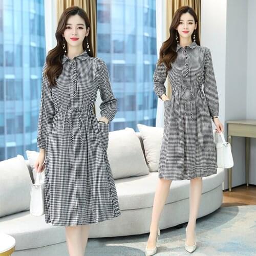 2021 High Quality Vintage Plus Size Plaid Midi Dress Autumn Winter Office Lady Shirt Dress Women Elegant Party Bodycon Vestidos