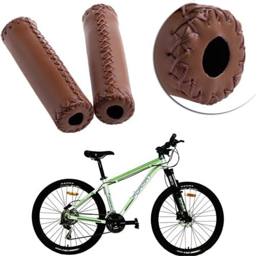 1Pair Handlebar Sleeve Brown Stitched Leather MTB BMX Road Mountain Cycling Bike Bicycle Handlebar End Grips