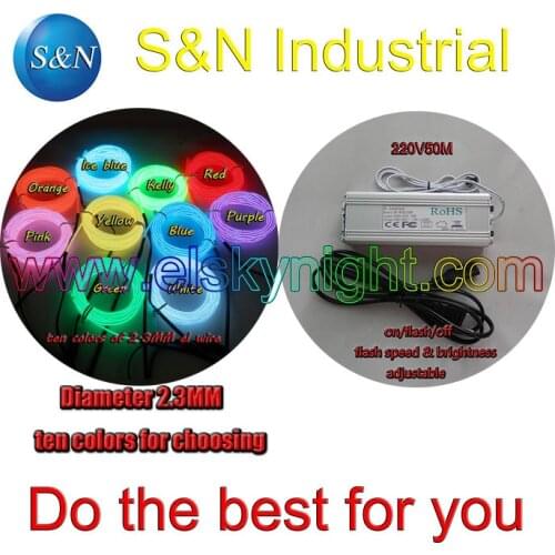 Ten color2.3MM50M~100 Flexible el Wire Rope Tube Neon Light &100-240VAC inverter for holiday,party,festival and house decoration