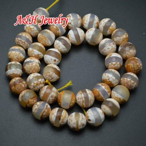 5pcs Earthy Yellow Color One Line Veins Faceted Dzi Stone Round Beads For Earring Making Materials
