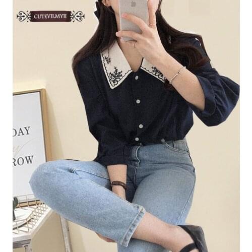 Embroidery Blouse Women Spring 2020 New Single Breasted Puff Sleeve Ladies Blusa Shirts Elegant Casual Female Top