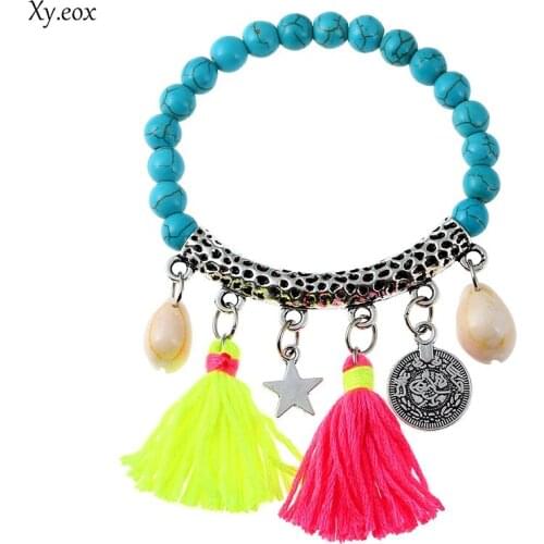 Boho Natural Stone Turquoises Beads Bracelet Tassel Charm Bracelets Bangle