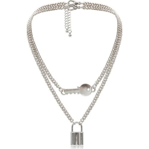 Rock Punk Chain Necklace Jewelry Multilayer Metal Key Lover Lock Pendant Necklace For Women Hip Hop Accessories