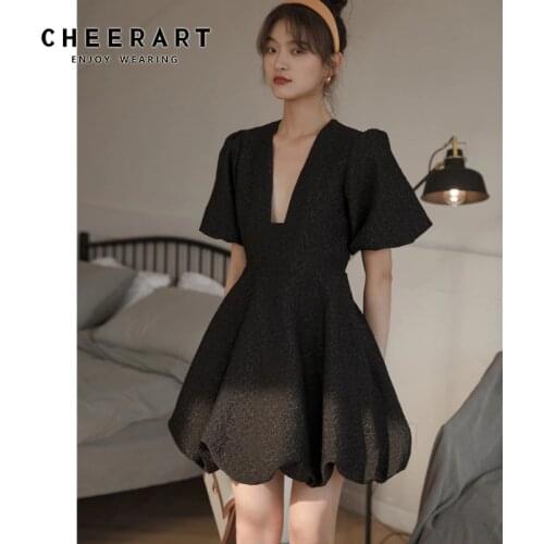 CHEERART Black Deep V Neck Puff Sleeve Summer Dress 2020 Fashion Ball Gown Ruched Short Sleeve Tunic Mini Designer Dress